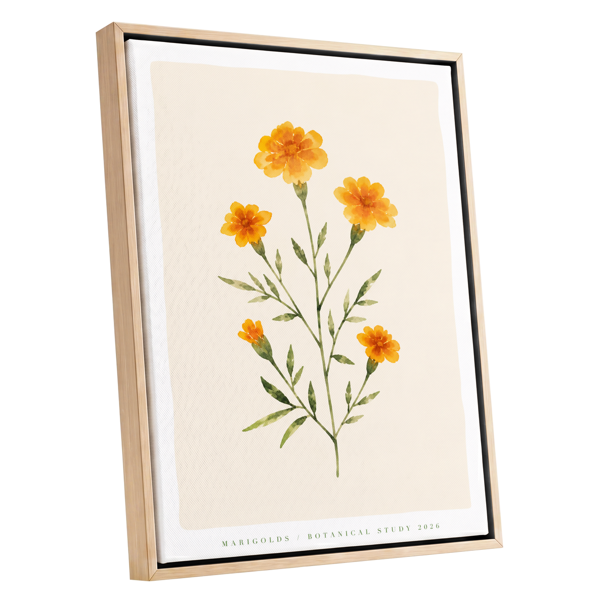 Marigold Reverie, orange, green, beige floral wall art shown as a oak framed canvas wall art