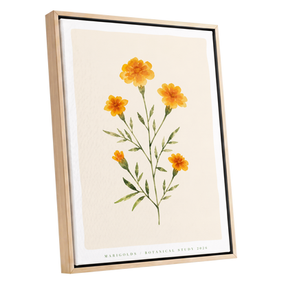 Marigold Reverie, orange, green, beige floral wall art shown as a oak framed canvas wall art
