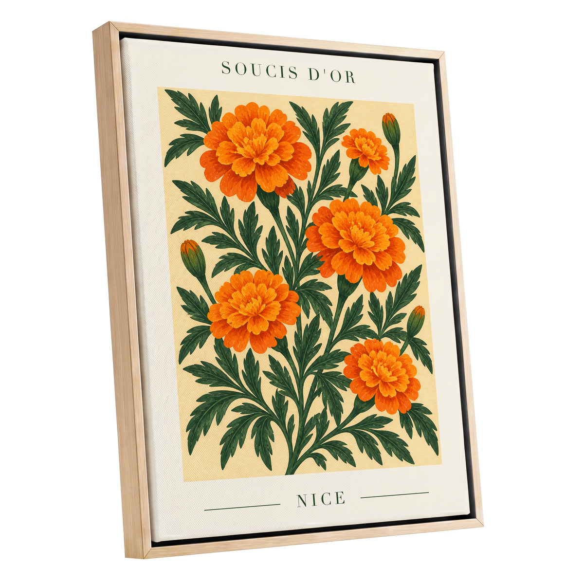 Marigold Reverie, orange, green, beige floral wall art shown as a oak framed canvas wall art