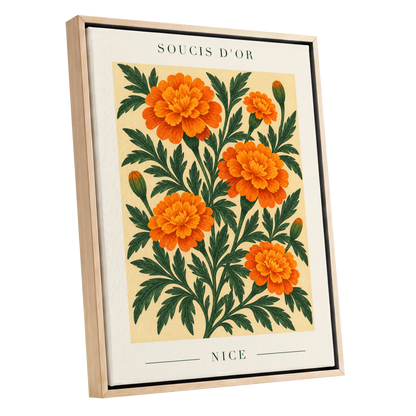 Marigold Reverie, orange, green, beige floral wall art shown as a oak framed canvas wall art