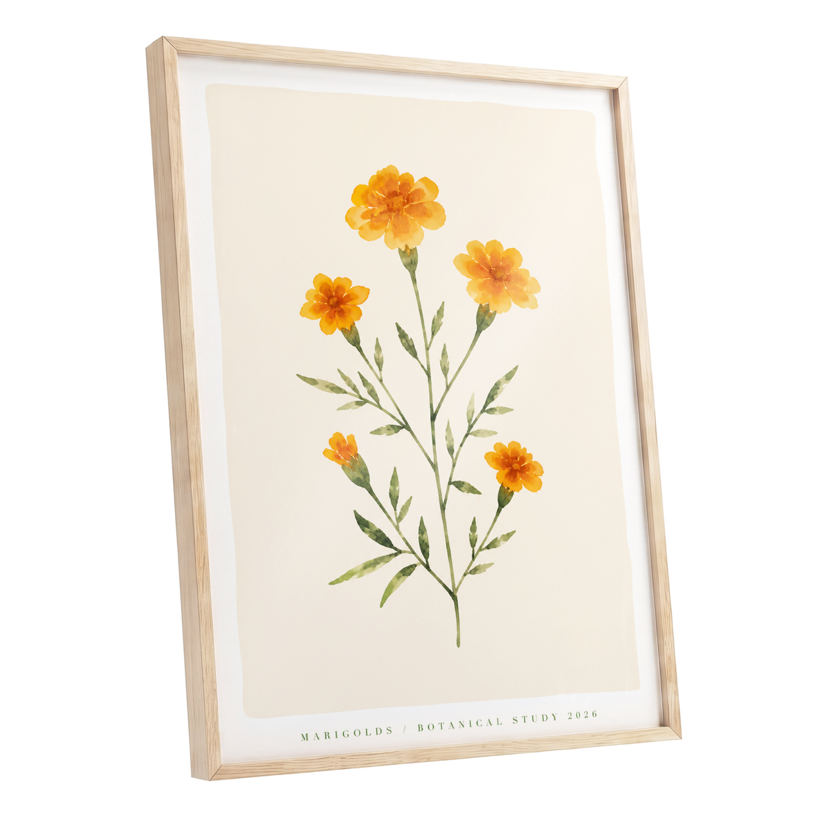Marigold Reverie, orange, green, beige floral wall art shown as a oak framed poster wall art print