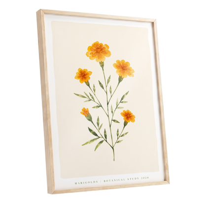 Marigold Reverie, orange, green, beige floral wall art shown as a oak framed poster wall art print