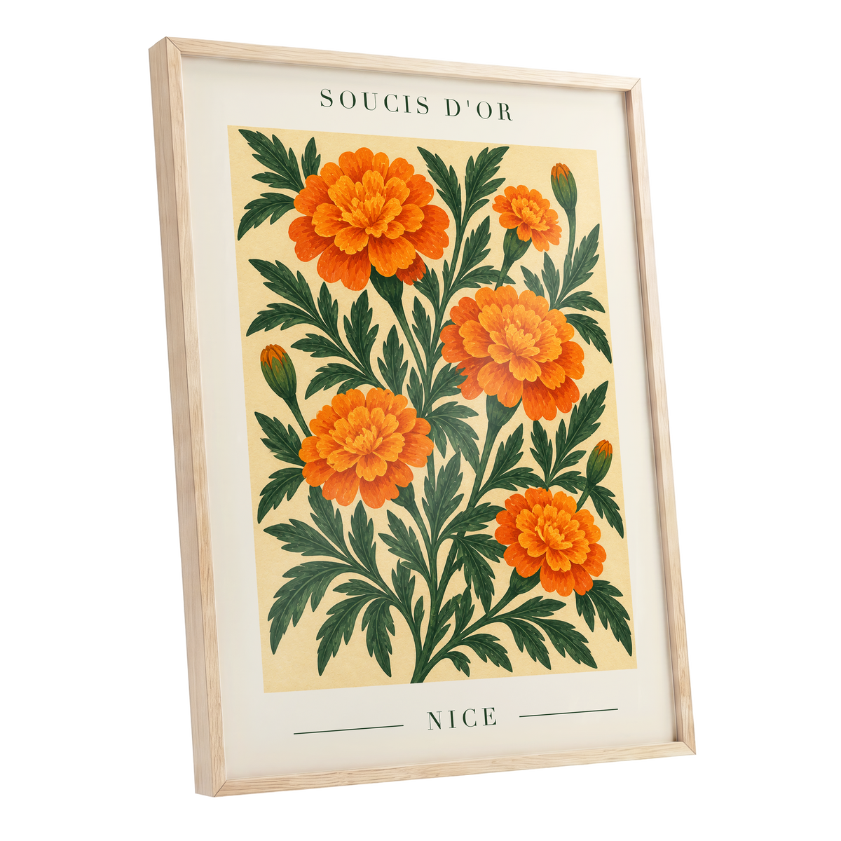 Marigold Reverie, orange, green, beige floral wall art shown as a oak framed poster wall art print