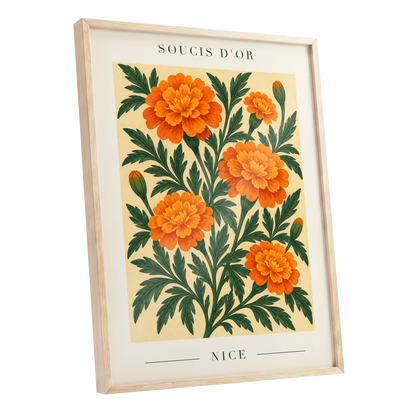 Marigold Reverie, orange, green, beige floral wall art shown as a oak framed poster wall art print