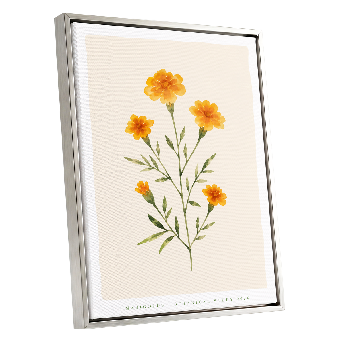 Marigold Reverie, orange, green, beige floral wall art shown as a silver framed canvas wall art