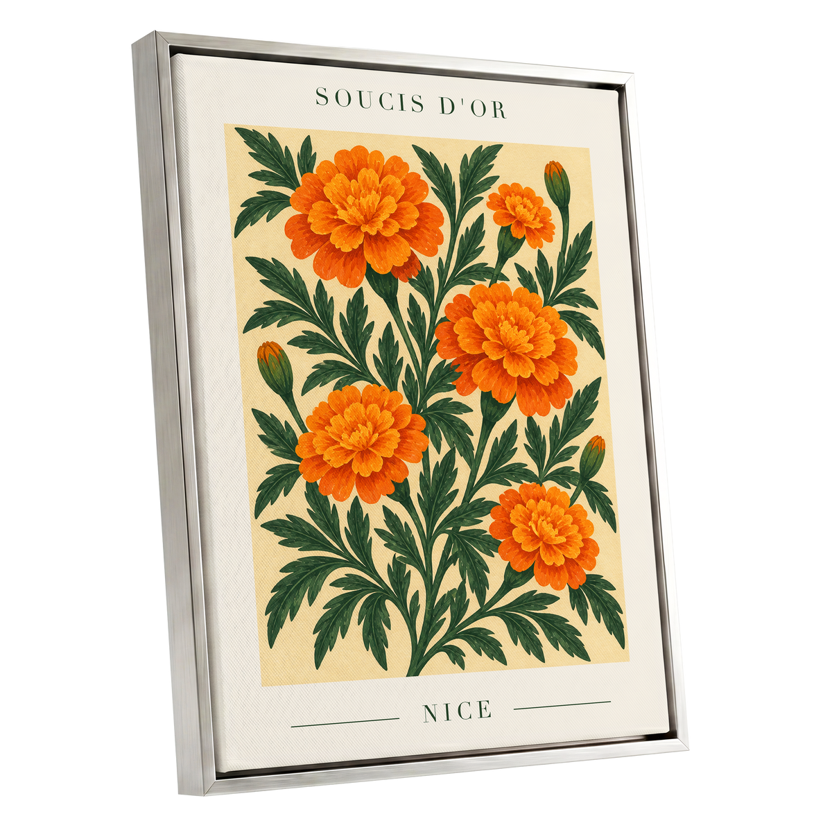Marigold Reverie, orange, green, beige floral wall art shown as a silver framed canvas wall art