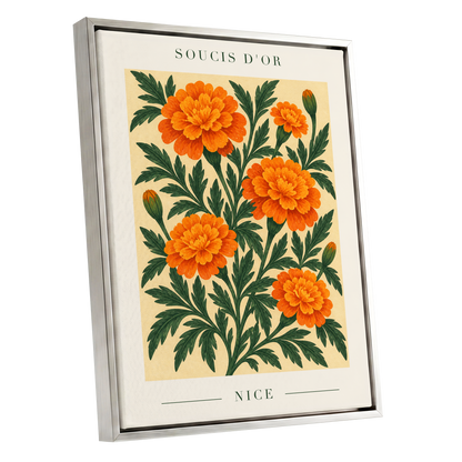 Marigold Reverie, orange, green, beige floral wall art shown as a silver framed canvas wall art