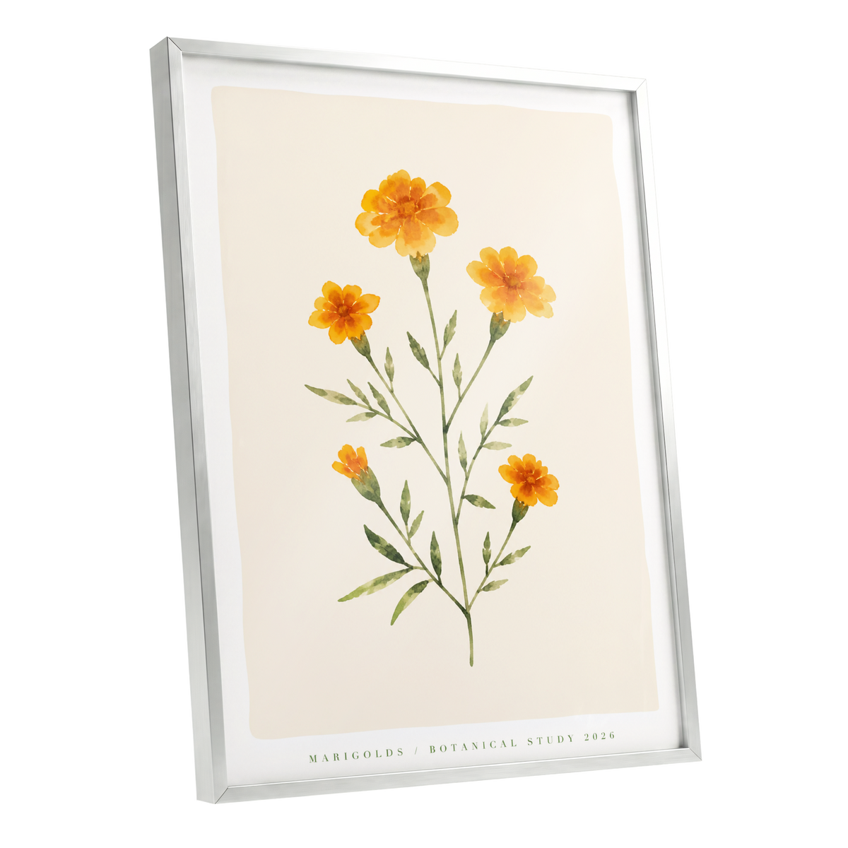 Marigold Reverie, orange, green, beige floral wall art shown as a silver framed poster wall art print