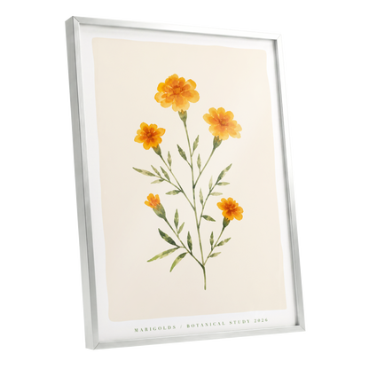 Marigold Reverie, orange, green, beige floral wall art shown as a silver framed poster wall art print