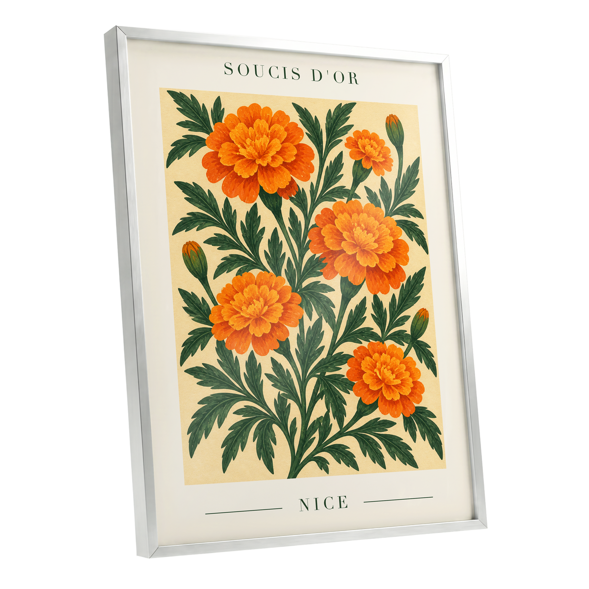 Marigold Reverie, orange, green, beige floral wall art shown as a silver framed poster wall art print