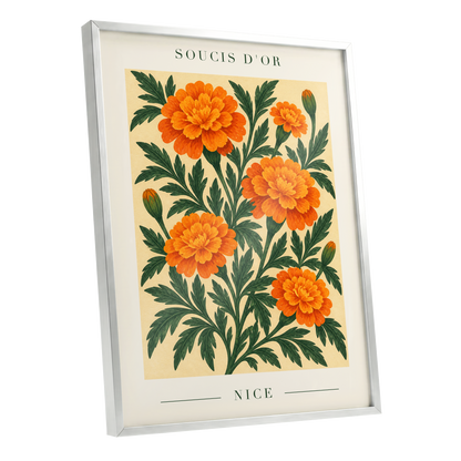 Marigold Reverie, orange, green, beige floral wall art shown as a silver framed poster wall art print