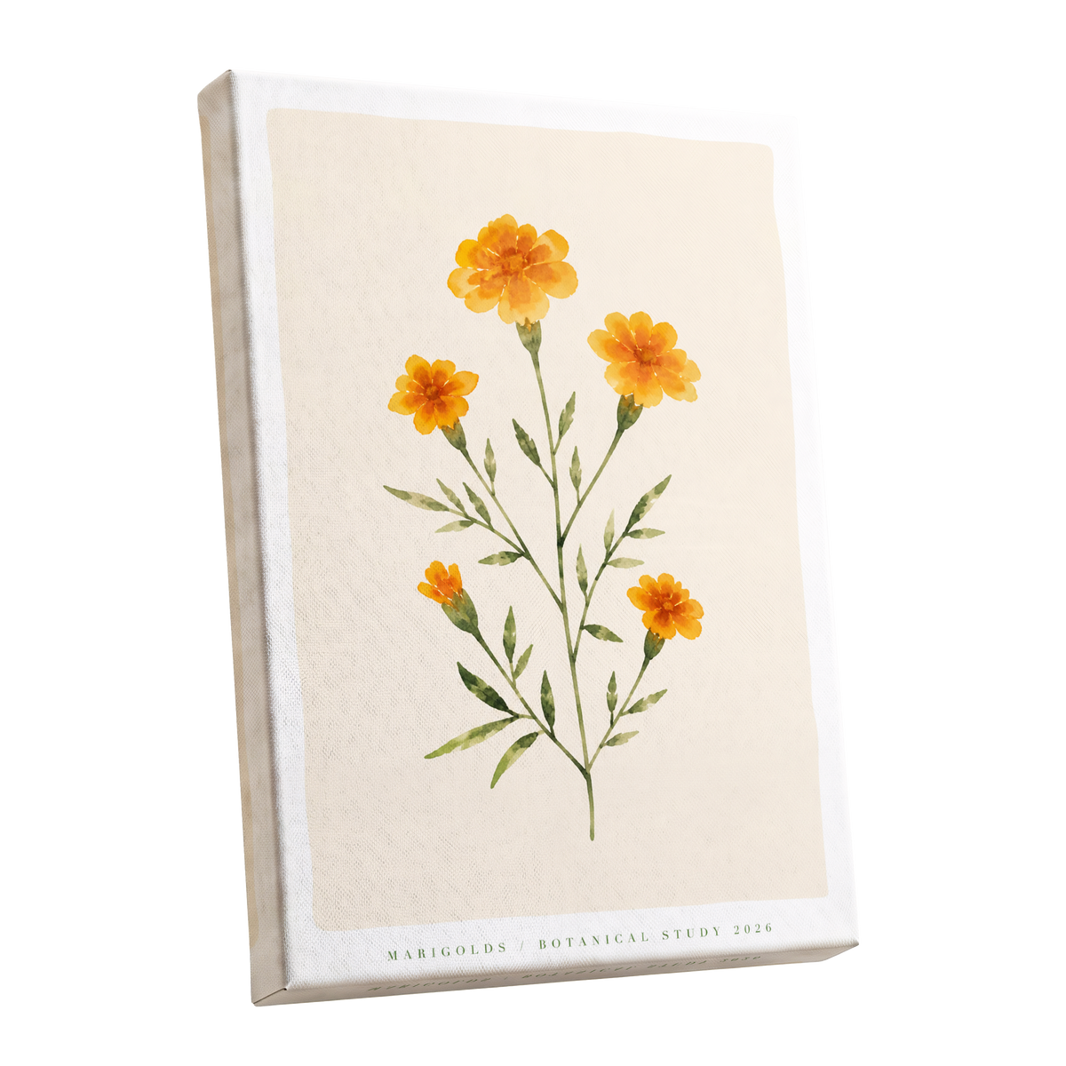 Marigold Reverie, orange, green, beige floral wall art shown as a stretched canvas wall art