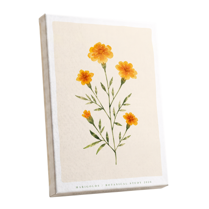 Marigold Reverie, orange, green, beige floral wall art shown as a stretched canvas wall art