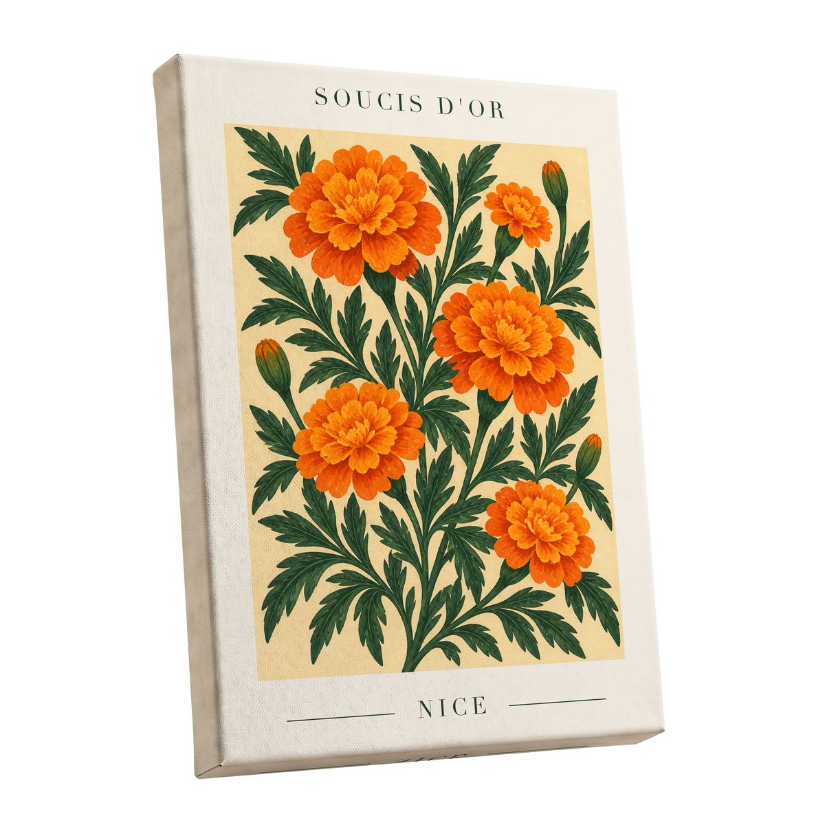 Marigold Reverie, orange, green, beige floral wall art shown as a stretched canvas wall art