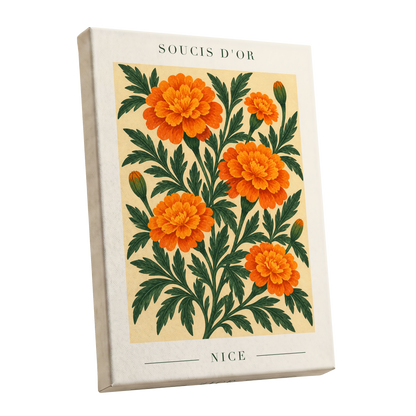 Marigold Reverie, orange, green, beige floral wall art shown as a stretched canvas wall art