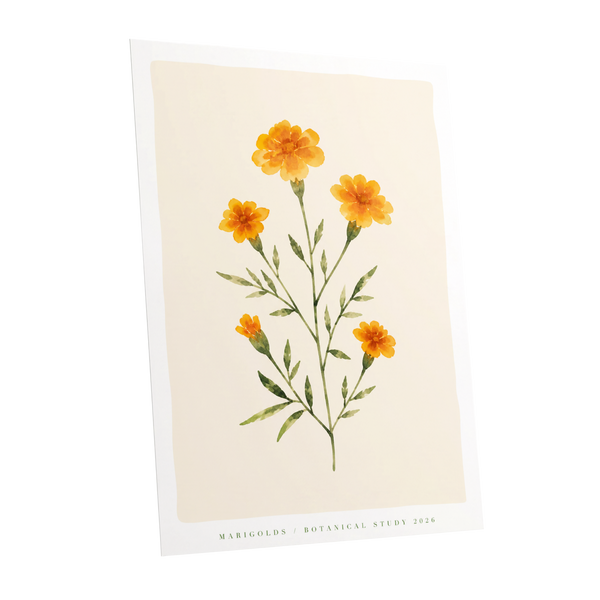 Marigold Reverie, orange, green, beige floral wall art shown as a unframed poster wall art print