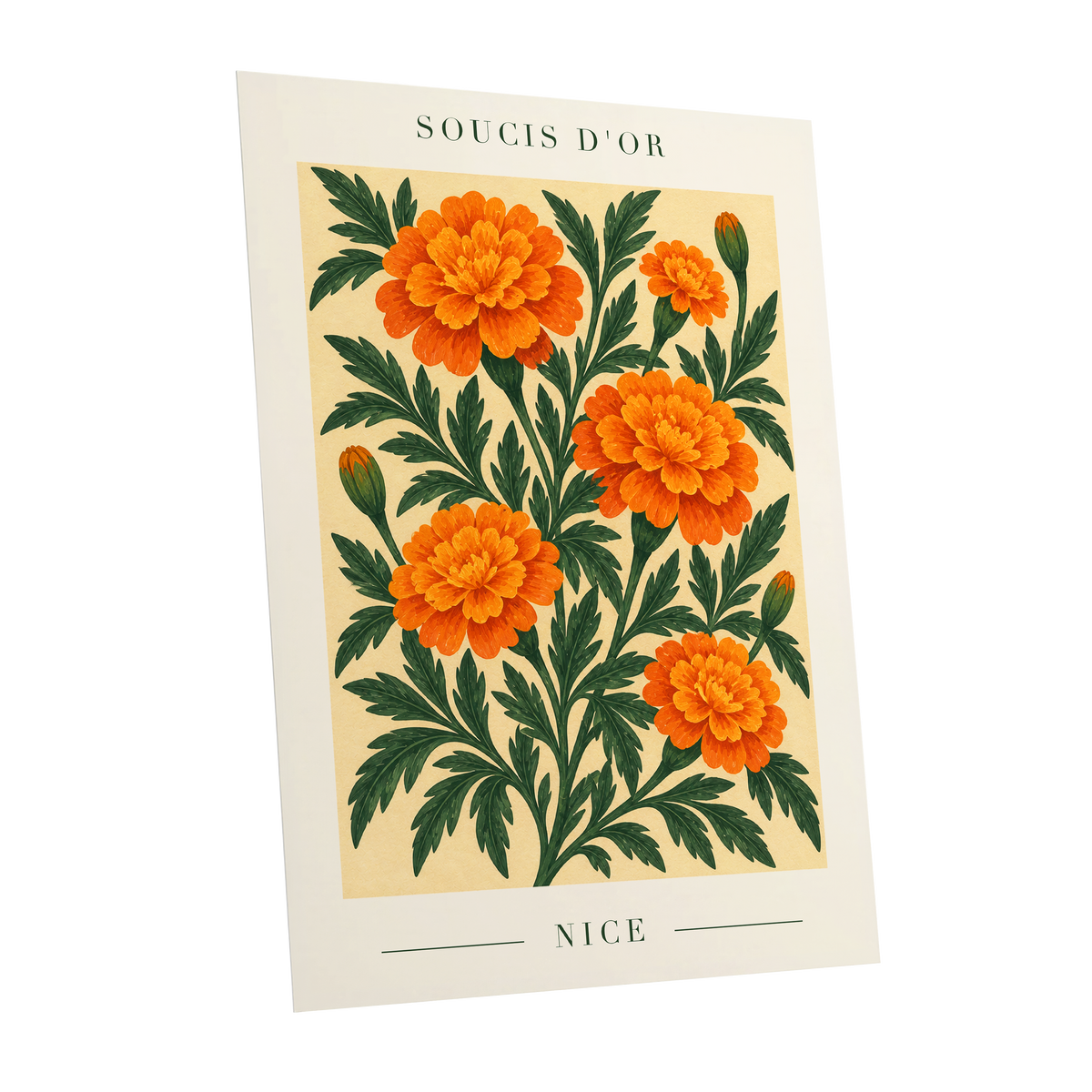 Marigold Reverie, orange, green, beige floral wall art shown as a unframed poster wall art print