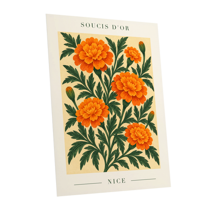 Marigold Reverie, orange, green, beige floral wall art shown as a unframed poster wall art print