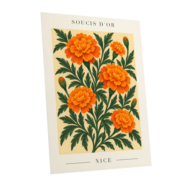Marigold Reverie, orange, green, beige floral wall art shown as a unframed poster wall art print