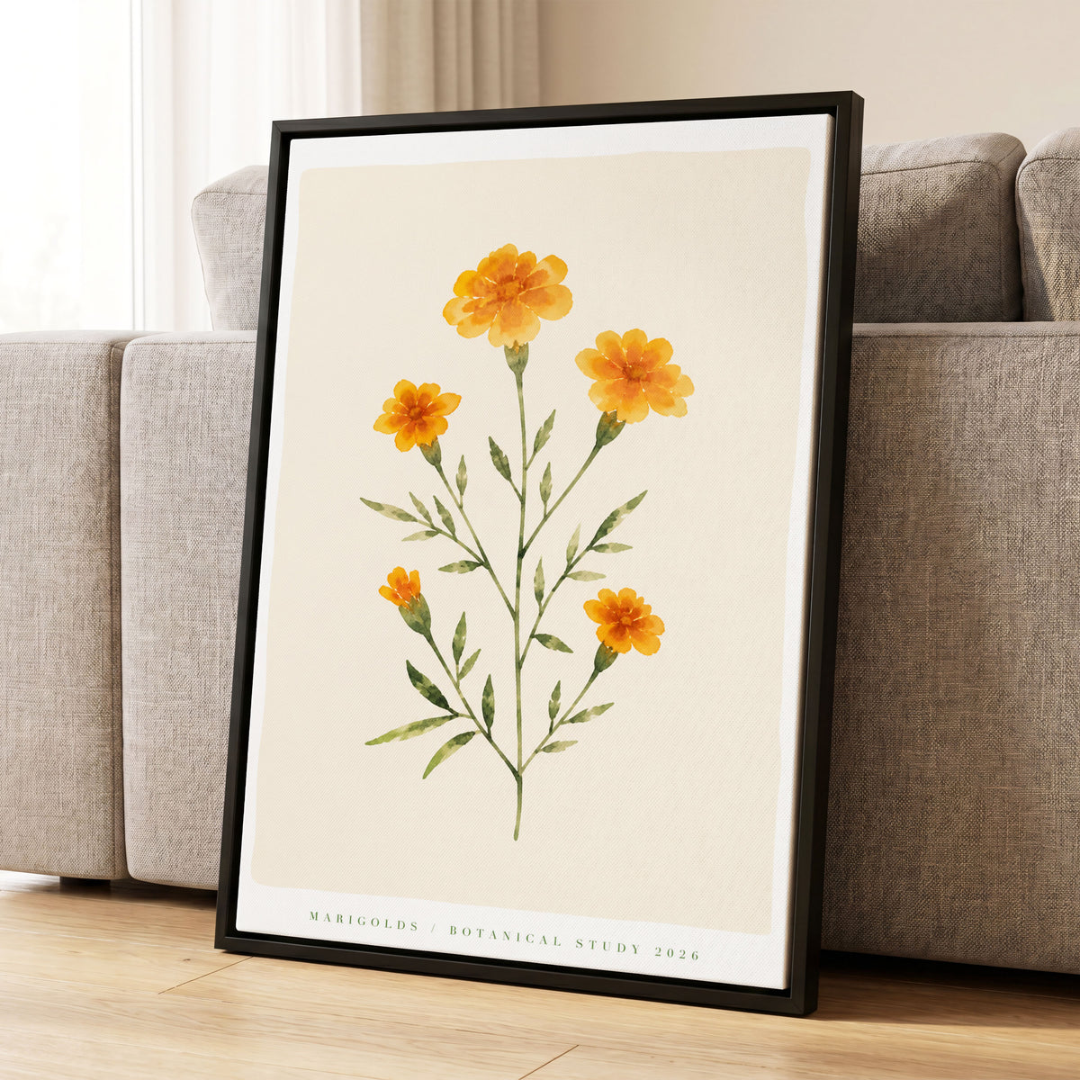Marigold Reverie, orange, green, beige floral wall art displayed in a styled interior, gallery view 1