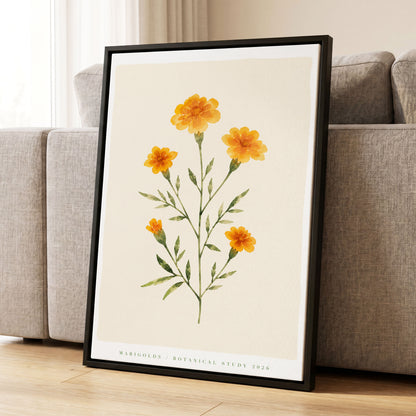 Marigold Reverie, orange, green, beige floral wall art displayed in a styled interior, gallery view 1