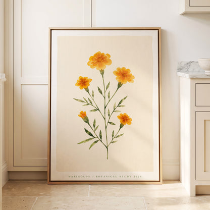 Marigold Reverie, orange, green, beige floral wall art displayed in a styled interior, gallery view 2