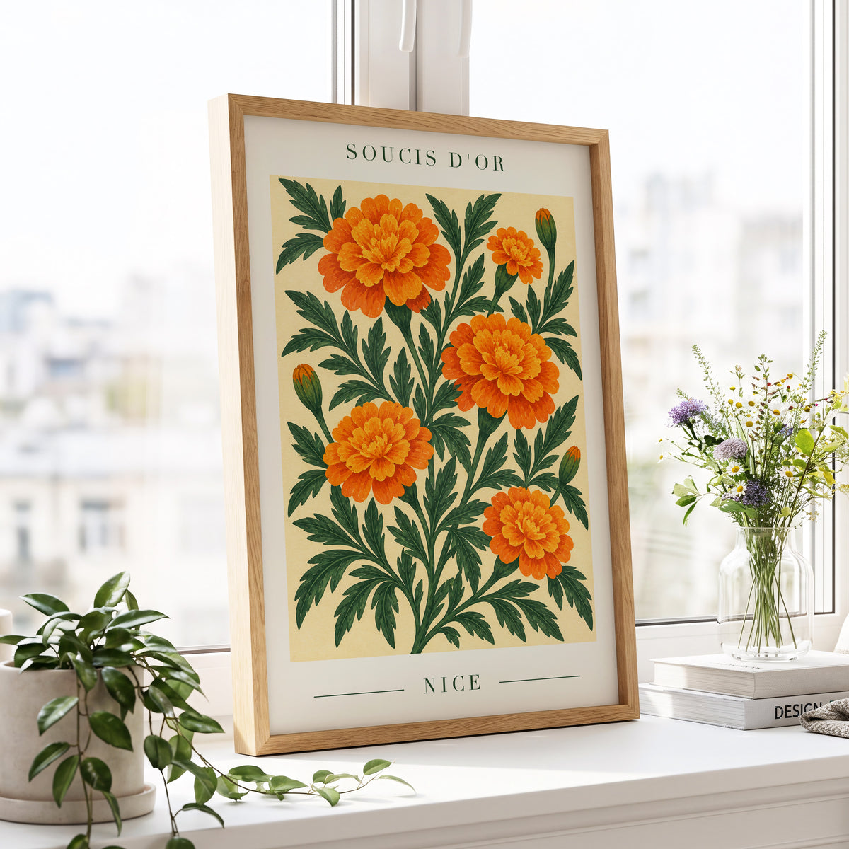 Marigold Reverie, orange, green, beige floral wall art displayed in a styled interior, gallery view 2