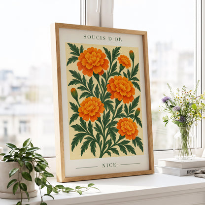 Marigold Reverie, orange, green, beige floral wall art displayed in a styled interior, gallery view 2