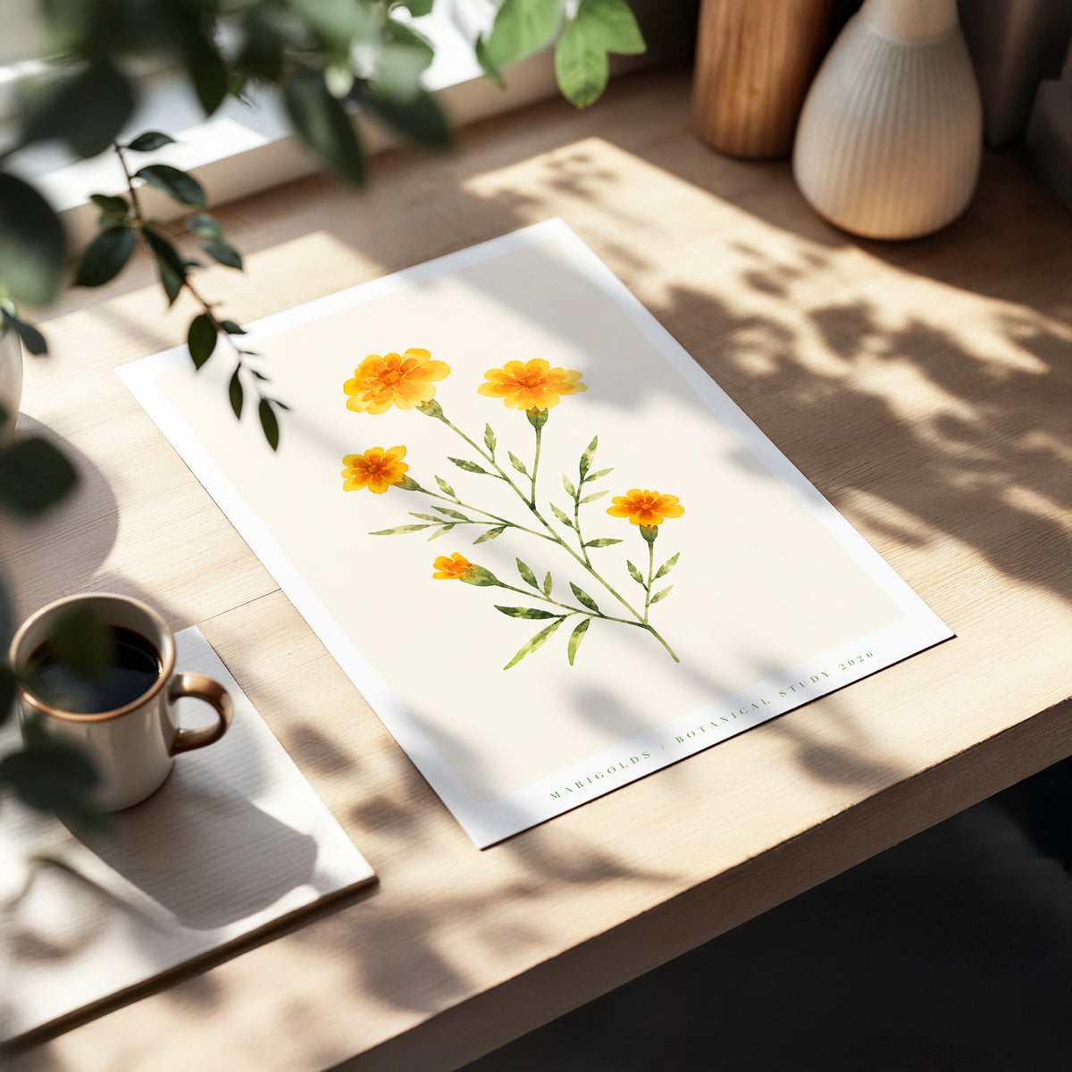 Marigold Reverie, orange, green, beige floral wall art displayed in a styled interior, gallery view 3