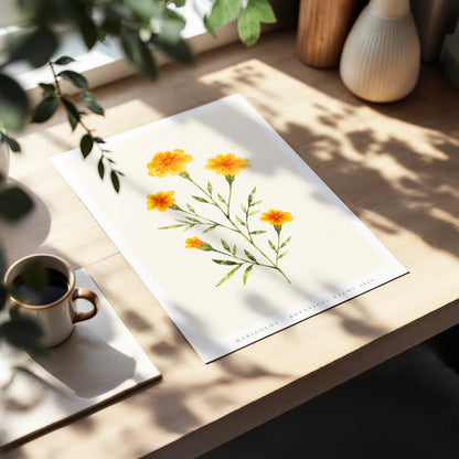 Marigold Reverie, orange, green, beige floral wall art displayed in a styled interior, gallery view 3