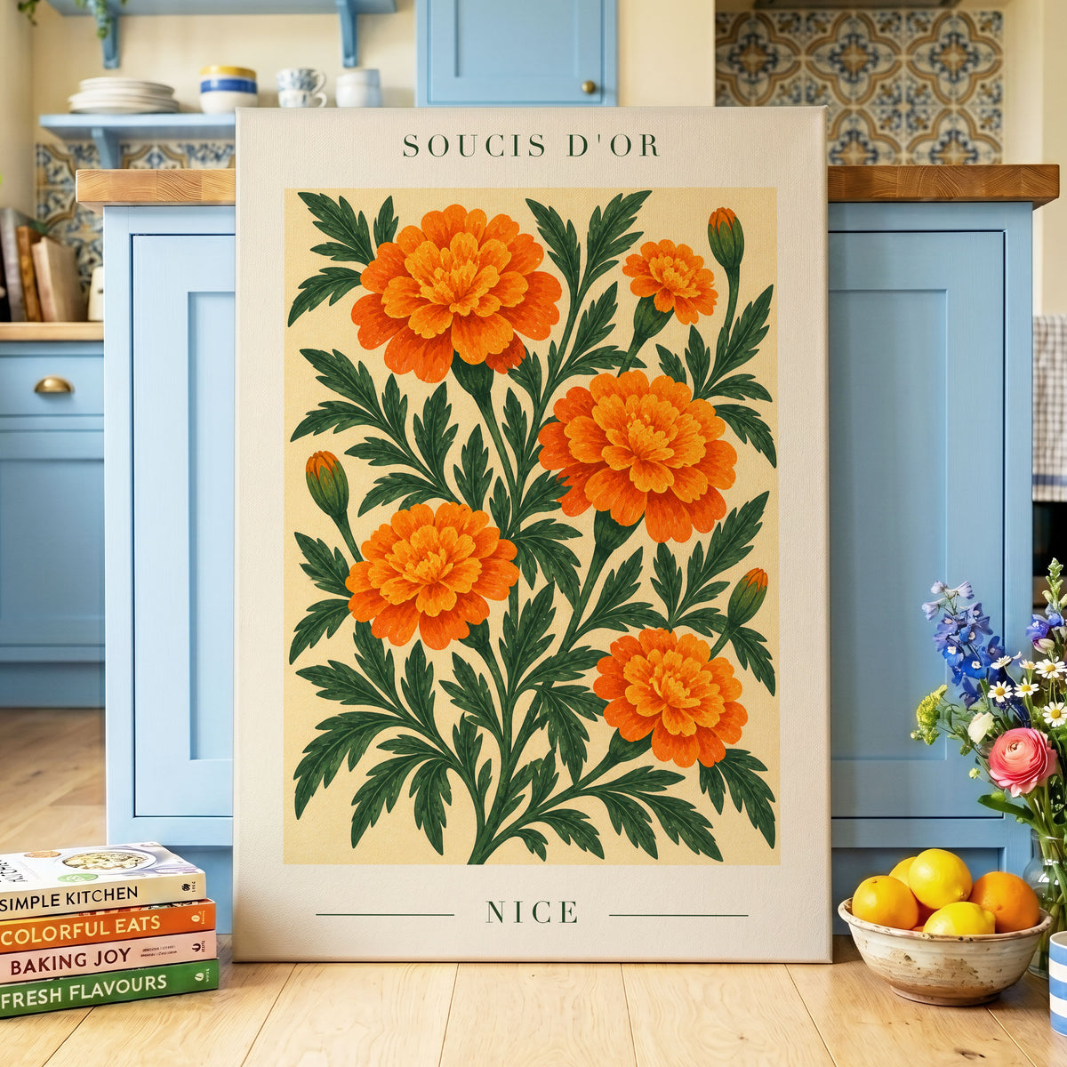 Marigold Reverie, orange, green, beige floral wall art displayed in a styled interior, gallery view 3