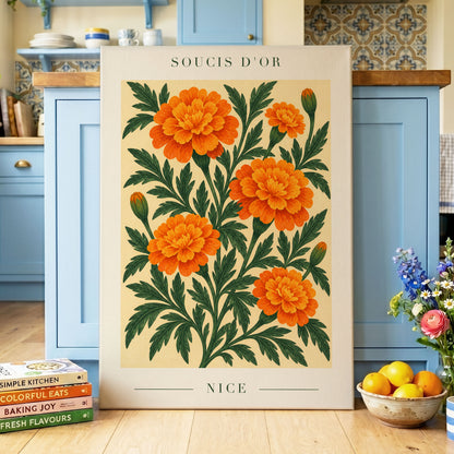 Marigold Reverie, orange, green, beige floral wall art displayed in a styled interior, gallery view 3
