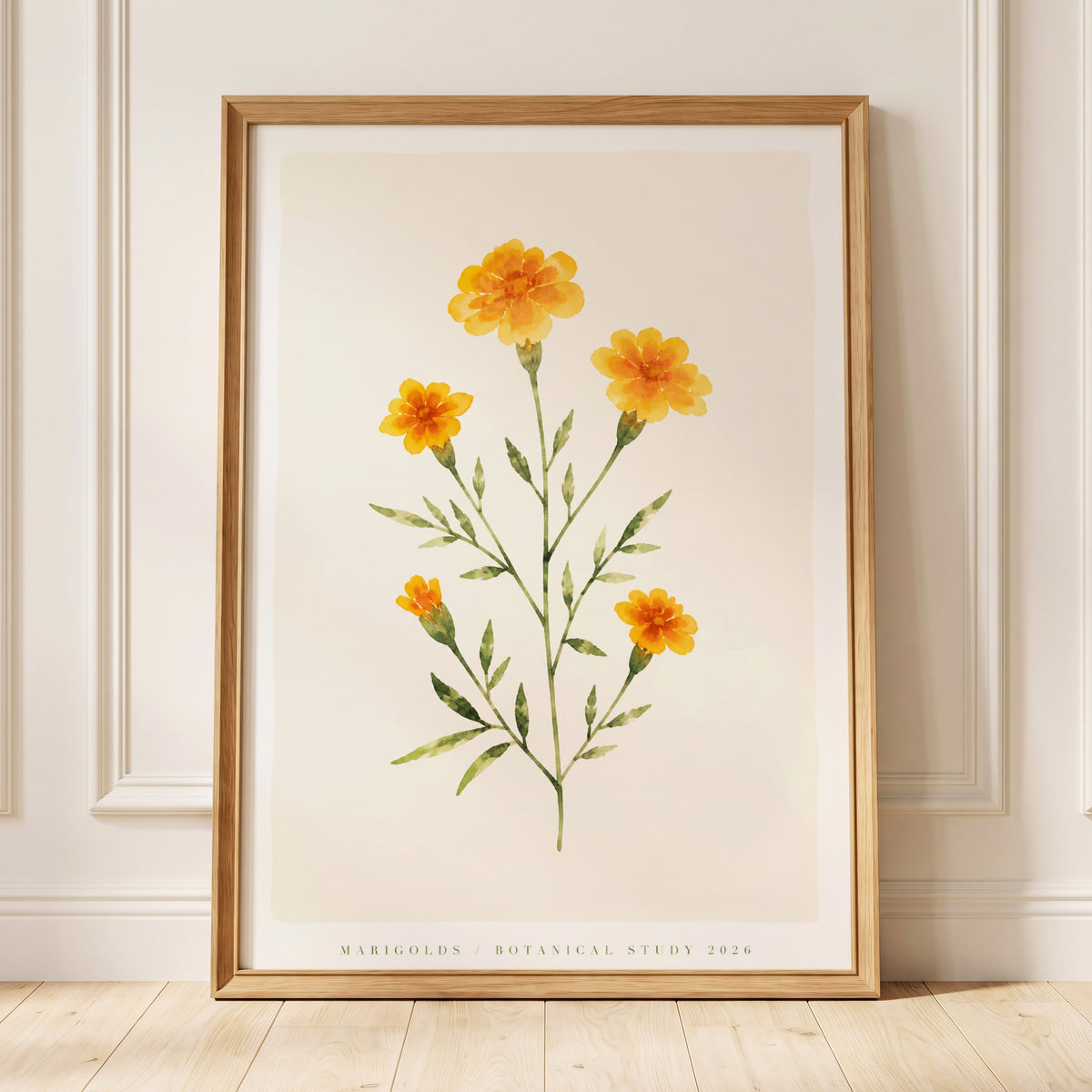 Marigold Reverie, orange, green, beige floral wall art displayed in a styled interior, gallery view 4