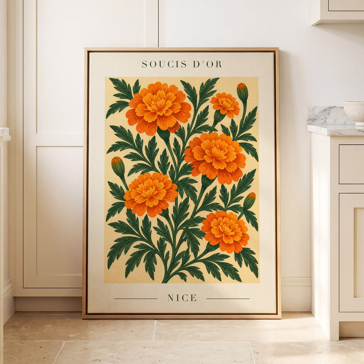 Marigold Reverie, orange, green, beige floral wall art displayed in a styled interior, gallery view 4