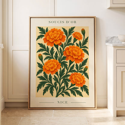 Marigold Reverie, orange, green, beige floral wall art displayed in a styled interior, gallery view 4