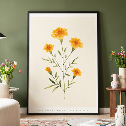 Marigold Reverie, orange, green, beige floral wall art displayed in a styled interior, gallery view 5