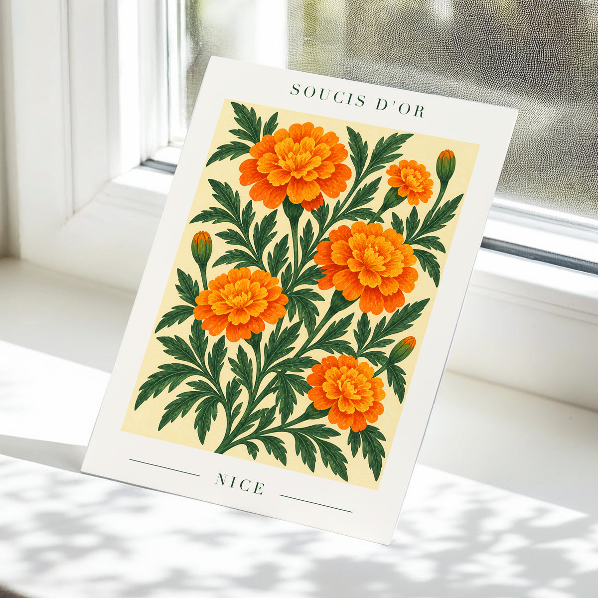 Marigold Reverie, orange, green, beige floral wall art displayed in a styled interior, gallery view 5