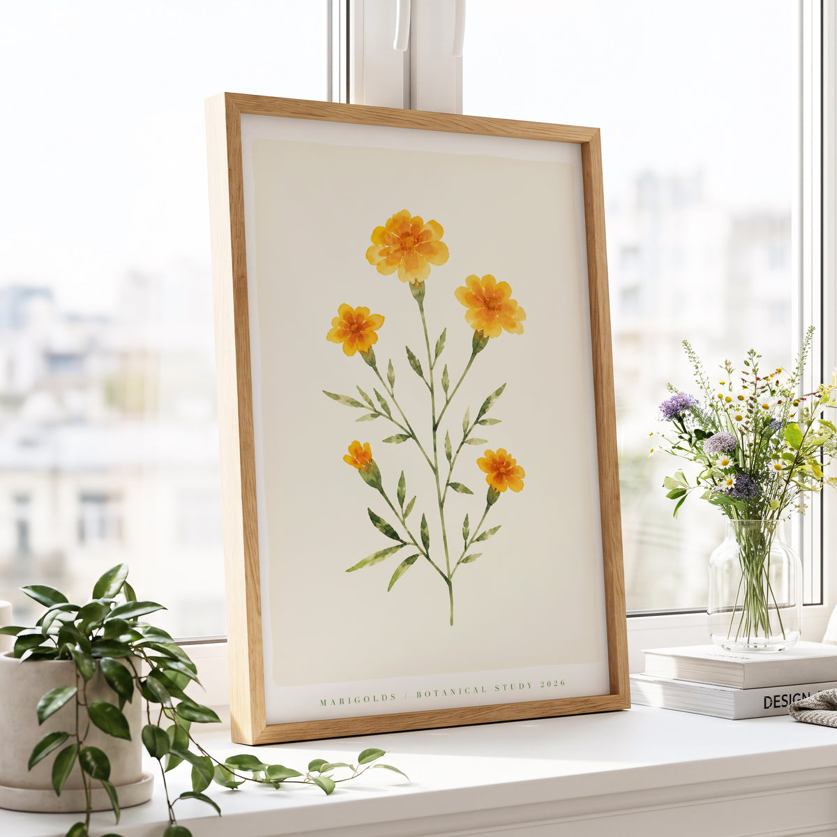 Marigold Reverie, orange, green, beige floral wall art displayed in a styled interior, gallery view 6