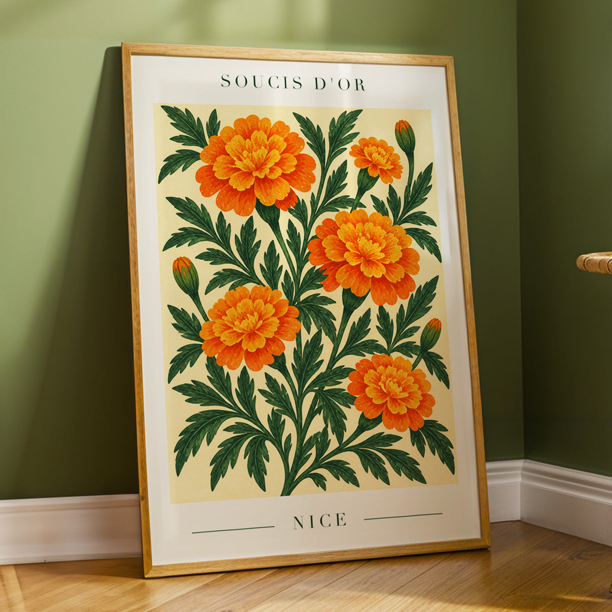Marigold Reverie, orange, green, beige floral wall art displayed in a styled interior, gallery view 6