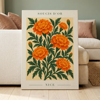 Marigold Reverie, orange, green, beige floral wall art displayed in a styled interior, gallery view 7