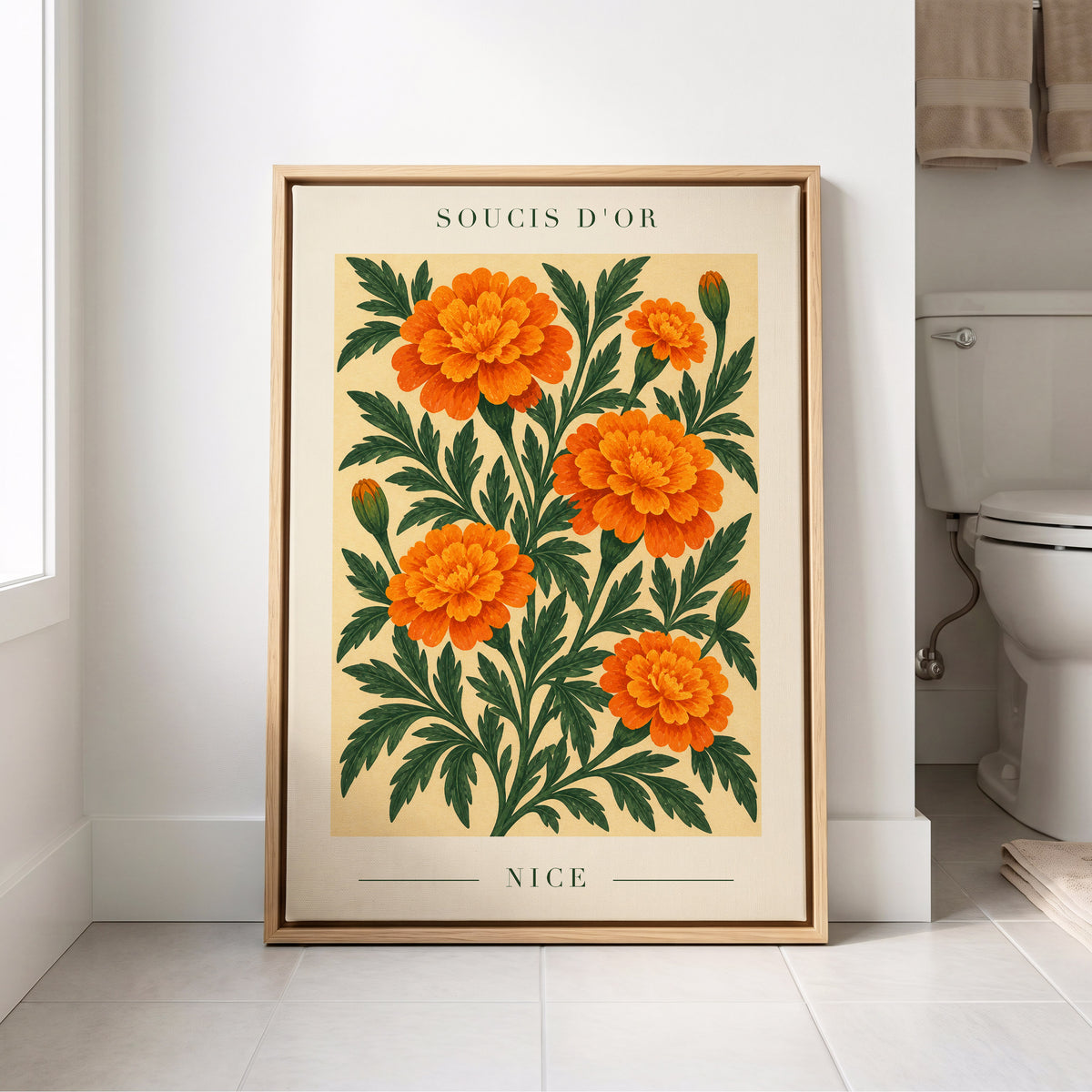 Marigold Reverie, orange, green, beige floral wall art displayed in a styled interior, gallery view 8