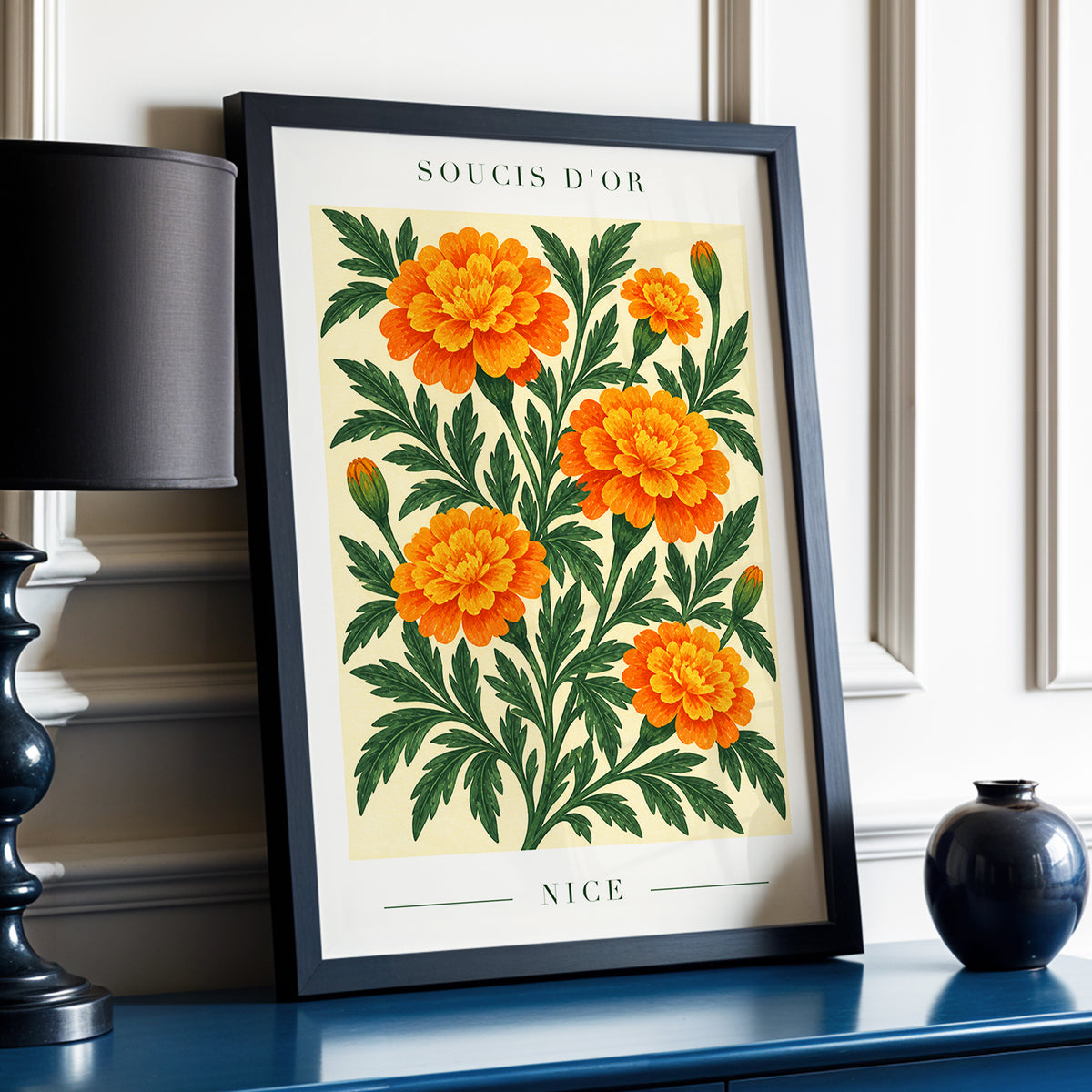 Marigold Reverie, orange, green, beige floral wall art displayed in a styled interior, gallery view 9