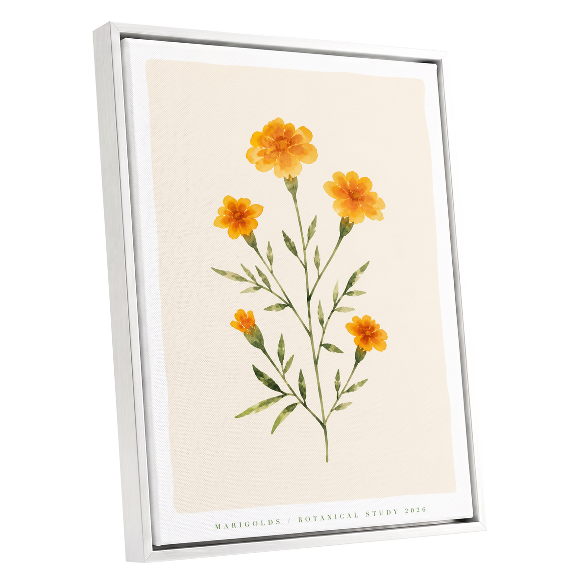 Marigold Reverie, orange, green, beige floral wall art shown as a white framed canvas wall art