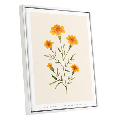 Marigold Reverie, orange, green, beige floral wall art shown as a white framed canvas wall art