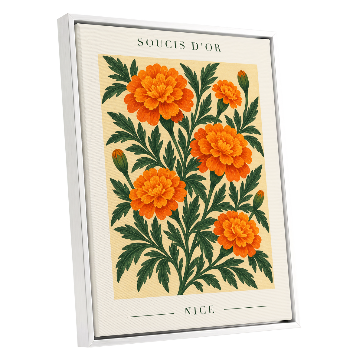 Marigold Reverie, orange, green, beige floral wall art shown as a white framed canvas wall art