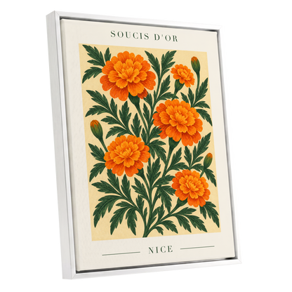 Marigold Reverie, orange, green, beige floral wall art shown as a white framed canvas wall art