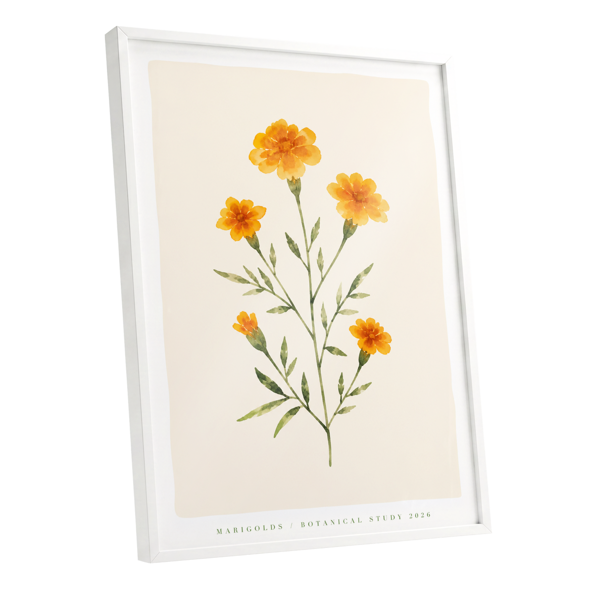 Marigold Reverie, orange, green, beige floral wall art shown as a white framed poster wall art print