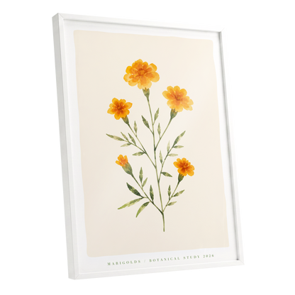 Marigold Reverie, orange, green, beige floral wall art shown as a white framed poster wall art print