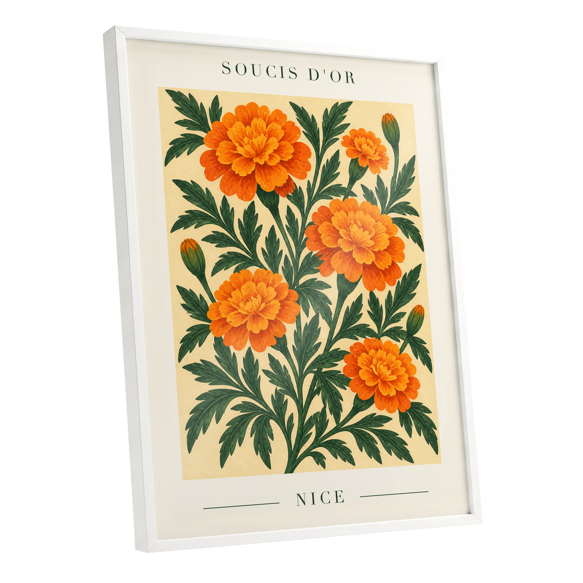 Marigold Reverie, orange, green, beige floral wall art shown as a white framed poster wall art print