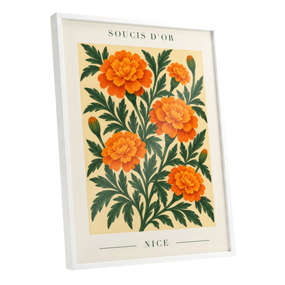 Marigold Reverie, orange, green, beige floral wall art shown as a white framed poster wall art print